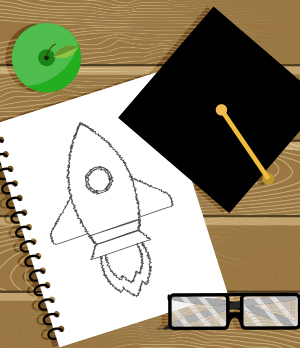 rocket drawing and graduation cap